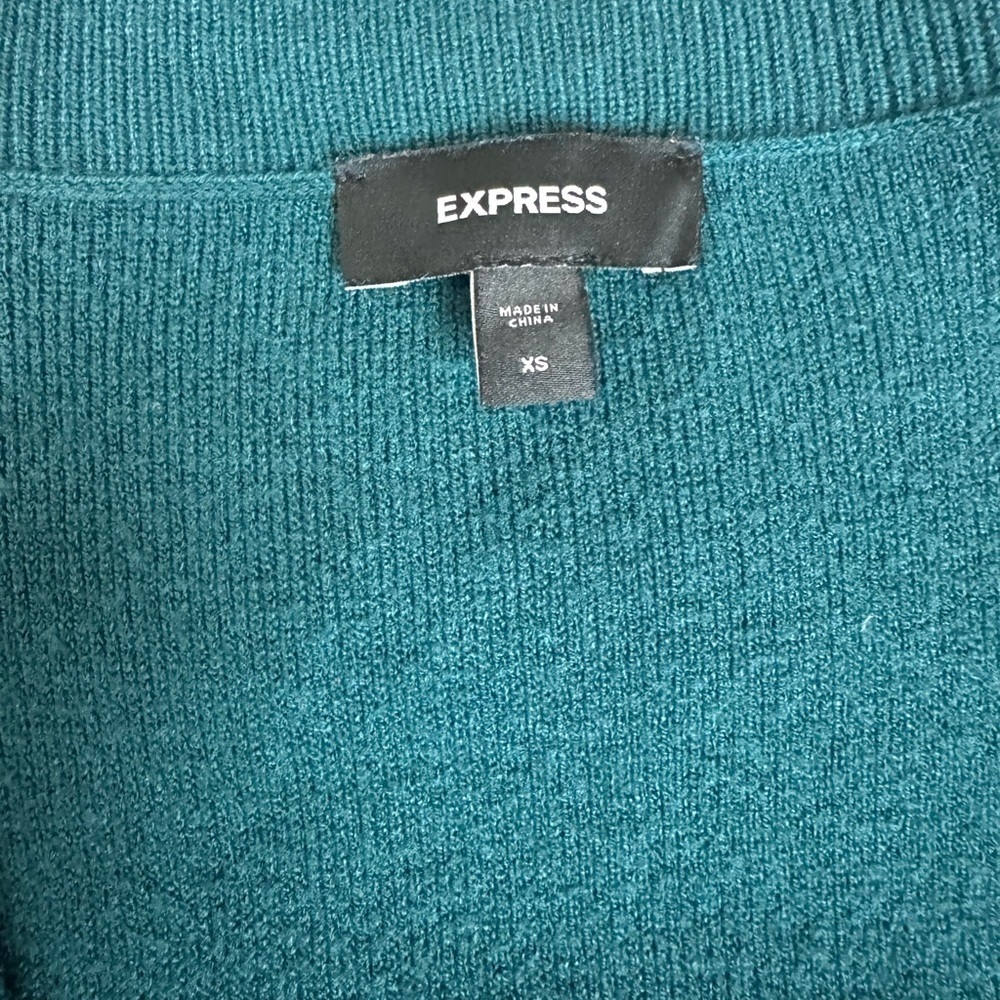 Express Cropped Sweater Top XS | Teal Puff Sleeve Tie-Front | Silver Bows - Picture 3 of 7